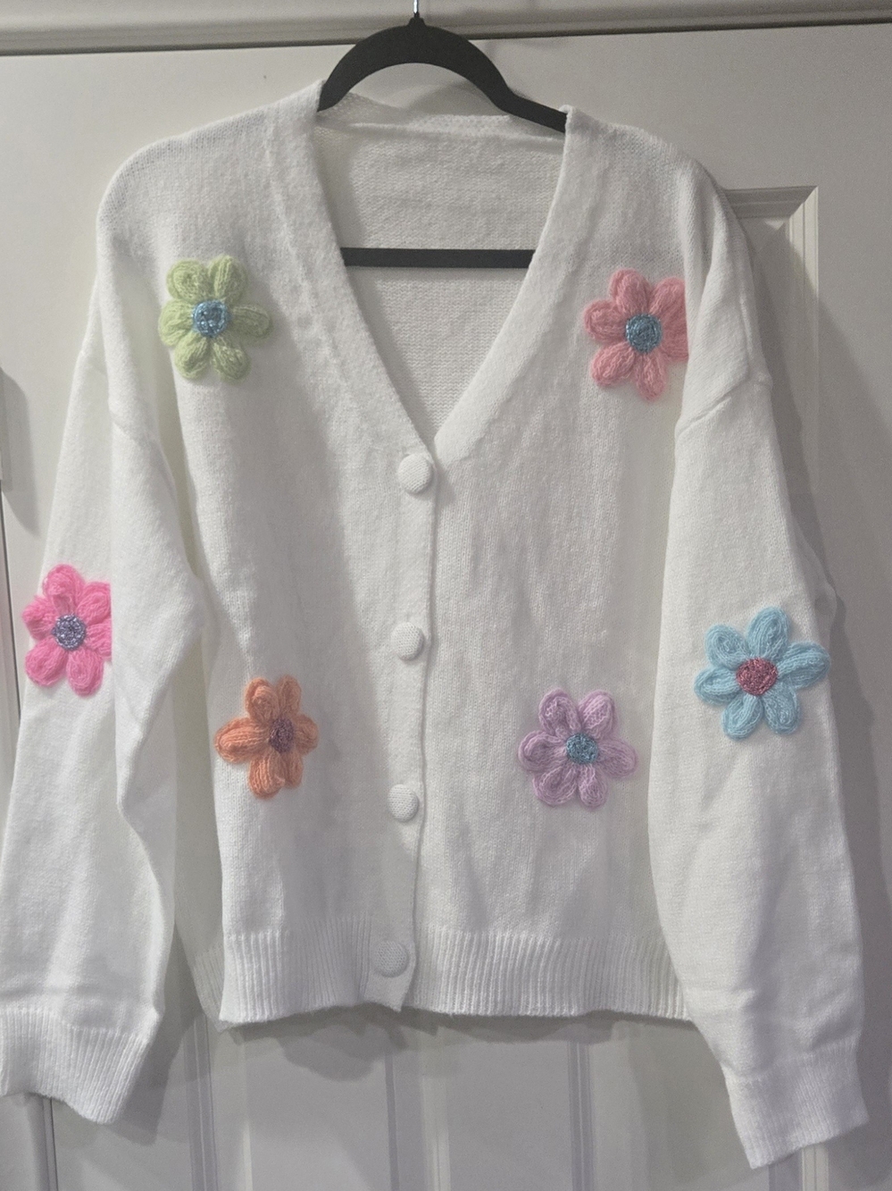 White Floral Flower Appliqué V-Neck Cardigan Sweater
